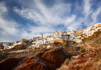 beautiful Oia town and caldera from old port Amoudi, Santorini island in Aegean sea, Greece