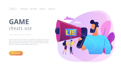 Businessman with huge megaphone cheating and tiny people holding word lie. Cheating in competition, cheater person, game cheats use concept. Website vibrant violet landing web page template.