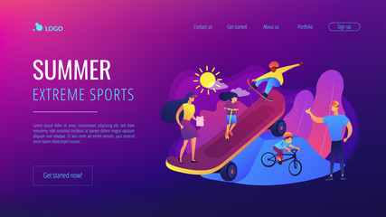 Kids skateboarding and riding a bike in skate park and trainers, tiny people. Extreme camp, summer extreme sports, kids extreme program concept. Website homepage landing web page template.