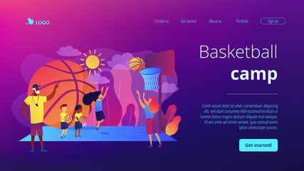 Coach teaching and kids practicing basketball in summer camp, tiny people. Basketball camp, NBA academy, achieve basketball goals concept. Website homepage landing web page template.