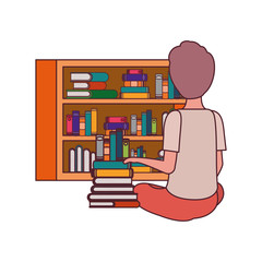 student boy sitting on his back with stack of books