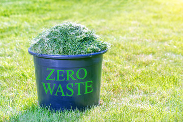 Organic compost. Zero waste theme. Container with fresh grass for compost.