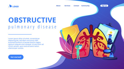 Doctor examines huge lungs desease and microscope. Obstructive pulmonary disease, chronic bronchitis and emphysema concept on white background. Website vibrant violet landing web page template.
