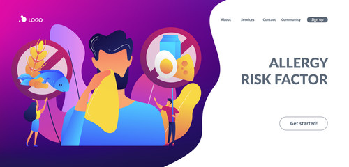Man having food allergy symptoms to products like fish, milk and eggs. Food allergy, food alergen ingredient, allergy risk factor concept. Website vibrant violet landing web page template.