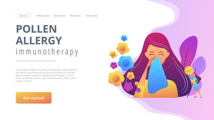 Female allergic to spring flowers sneezing and taking medicine. Seasonal allergy, seasonal allergy diagnosis, pollen allergy immunotherapy concept. Website vibrant violet landing web page template.