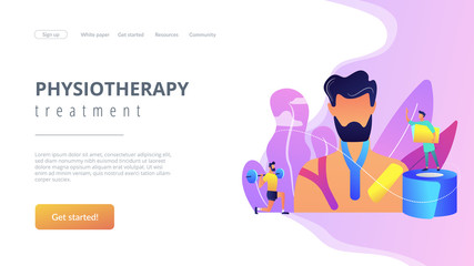 Athlete weightlifting and using kinesiology tape, therapist, tiny people. Kinesiology taping, kinesio taping method, physiotherapy treatment concept. Website vibrant violet landing web page template.