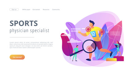 Athlete running and tiny people physicians treating injuries. Sports medicine, sports medical services, sports physician specialist concept. Website vibrant violet landing web page template.