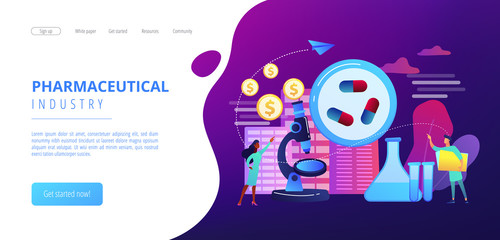 Tiny people scientists in the lab produce pharmaceutical drugs. Pharmacological business, pharmaceutical industry, pharmacological service concept. Website vibrant violet landing web page template.