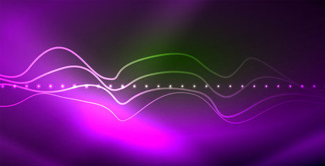 Glowing abstract wave on dark, shiny motion, magic space light. Techno abstract background
