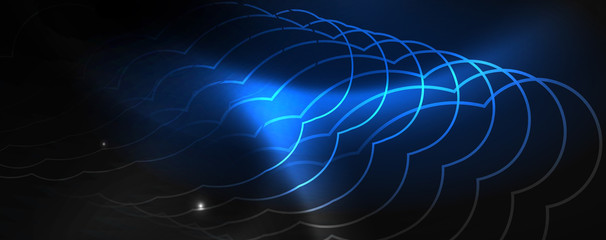 Shiny neon techno template. Neon lines background, 80s style laser rays
