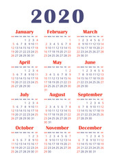 Calendar 2020 year. Vector design template. English vertical pocket calender. Week starts on Sunday