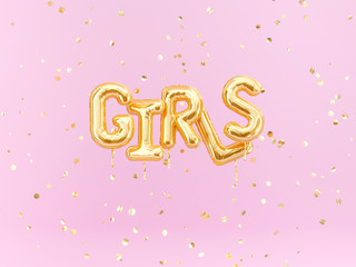 Girls text gold foil balloons and confetti on pink background, happy event banner, 3d rendering