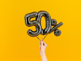 Fifty percent symbol discount. 50 % sale banner black flying foil balloons on yellow. 3d rendering. - obrazy, fototapety, plakaty