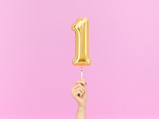One year birthday. Female hand holding Number 1 foil balloon. One-year anniversary background. 3d rendering - obrazy, fototapety, plakaty
