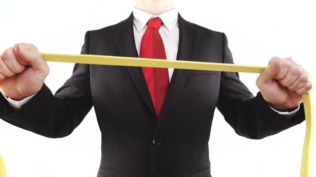 Red tie business person stretch yellow rubber band 4K
