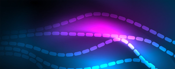 Fototapeta premium Smooth wave lines on blue neon color light background. Glowing abstract wave on dark, shiny motion, magic space light