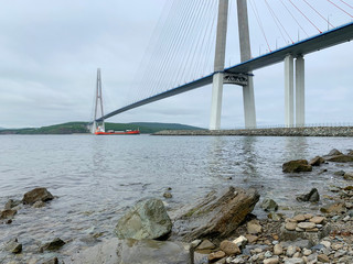 Russia, Vladivostok. Bridge to Russkiy island in cloudy weather