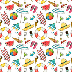 Hand drawn travel watercolor seamless pattern with umbrella, hat, swimming suit, coctail, ice cream, ball, lifebuoy, sun glasses.