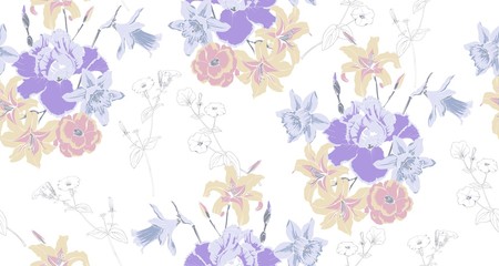 Fototapeta na wymiar Floral Pattern with lilies and irises for textile production. Vector print 6 color. Rapport 64 cm.