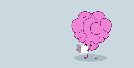 cute human brain organ reading book education concept kawaii style pink cartoon character horizontal sketch
