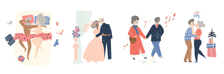 Elderly people relationship. Wedding day, walking, kiss under the mistletoe, bed scene.