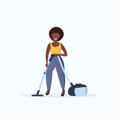 woman using vacuum cleaner african american housewife cleaning service housework floor care concept flat full length white background