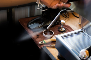 Prepare espresso coffee And various menus with coffee makers in the shop Close-up view - Image