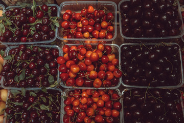 Fruits close up photo on market. Background texture. 