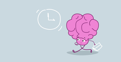 worried human brain with briefcase running to business meeting deadline concept pink cartoon character kawaii style horizontal