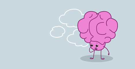 frustrated human brain organ holding hand on chin thinking pondering new idea kawaii style pink cartoon character horizontal sketch