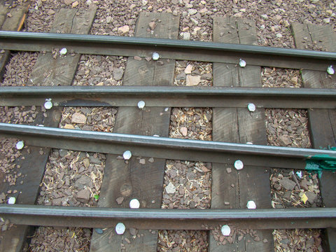 Path narrow-gauge railway. Iron rails, wooden sleepers. Gravel. Connections of two railway tracks.