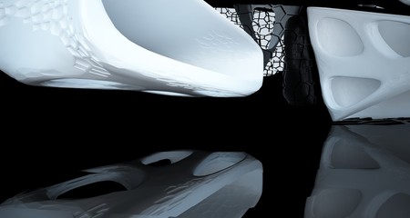 Abstract white and black interior multilevel public space with window. 3D illustration and rendering.
