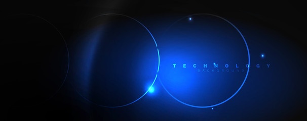 Dark abstract background with bright color neon lights and lines. Glowing background