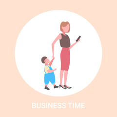 Fototapeta na wymiar business woman using cellphone while walking with little child son want attention from mother smartphone addiction concept flat full length