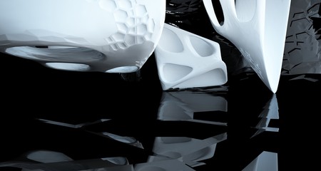 Abstract white and black interior multilevel public space with window. 3D illustration and rendering.