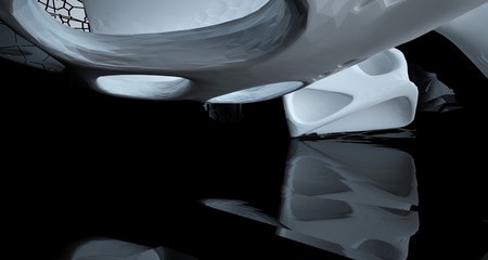 Abstract white and black interior multilevel public space with window. 3D illustration and rendering.