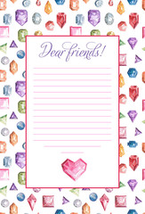 Rectangular frame of precious multi-colored stones and crystals. Watercolor illustration on white background.