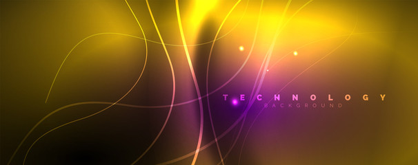 Fototapeta premium Shiny neon lights, dark abstract background with blurred magic neon light curved lines