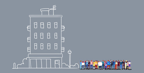 Naklejka premium group of businesspeople people standing together near office building exterior men women business people meeting outdoor full length sketch doodle horizontal
