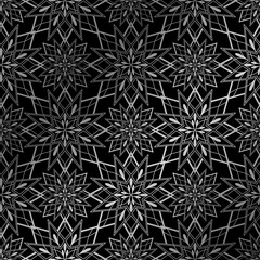 Seamless pattern silver mosaic oriental in black background. Traditional antique ornament morocco and arabian. Geometry oriental ethnic tile.
