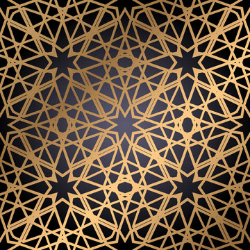 Seamless pattern gold mosaic oriental in black background. Traditional antique ornament morocco and arabian. Geometry oriental ethnic tile.