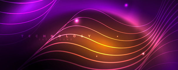 Shiny neon lights, dark abstract background with blurred magic neon light curved lines