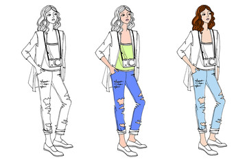 Cute fashion girls in hand drawn sketch style. One person in clothes of different colors. Fashion vector illustration on white