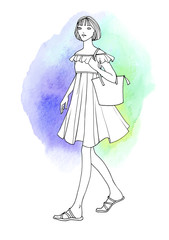 Cute travel girl with bag in hand drawn sketch style. Fashion vector illustration on purple