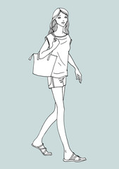 Cute travel girl with bag in hand drawn sketch style. Fashion vector illustration on grey