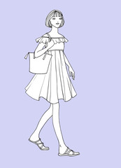 Cute travel girl with bag in hand drawn sketch style. Fashion vector illustration on purple