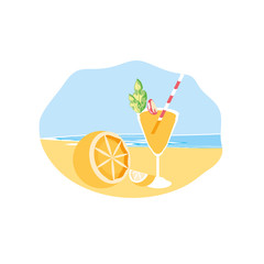 fresh half of orange in the beach with cocktail