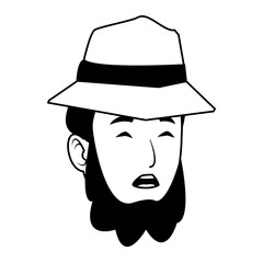 Woman with beard smiling with summer hat in black and white