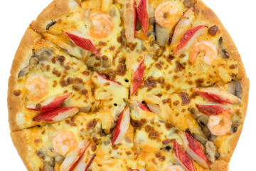 Seafood pizza on white background.