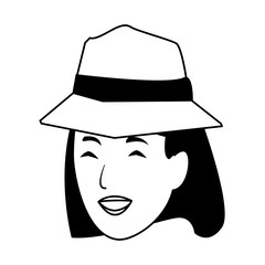 Woman with hat smiling face cartoon in black and white